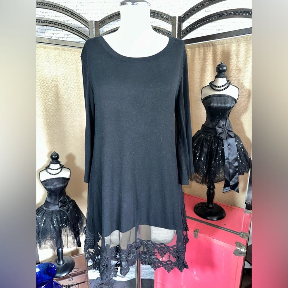 Origami Black Spandex Polyester Cotton Dress Lace Hemline Size Small